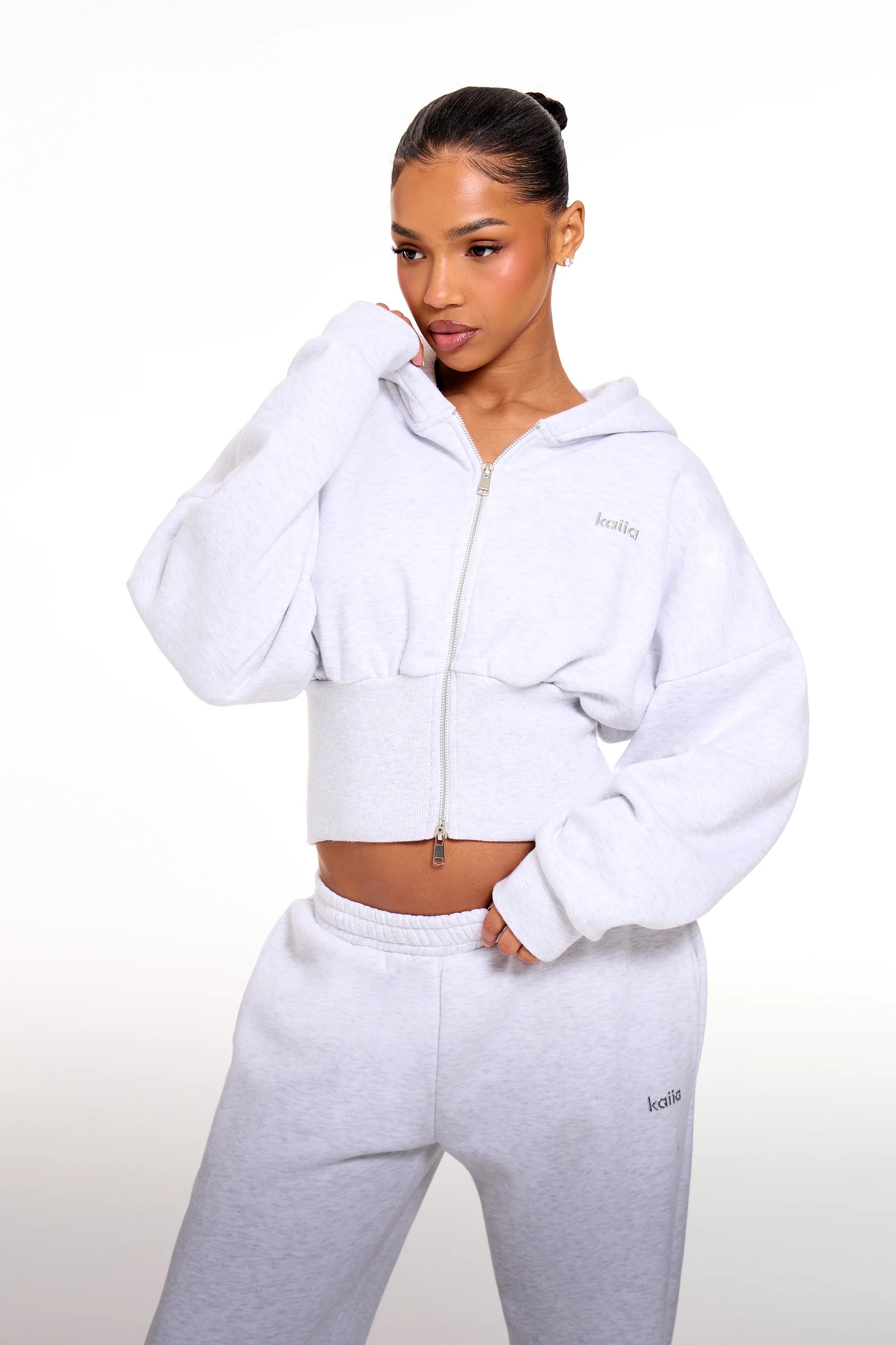 Kaiia Kaiia Chrome Logo Corset Zip Through Hoodie Light Grey Marl - 1