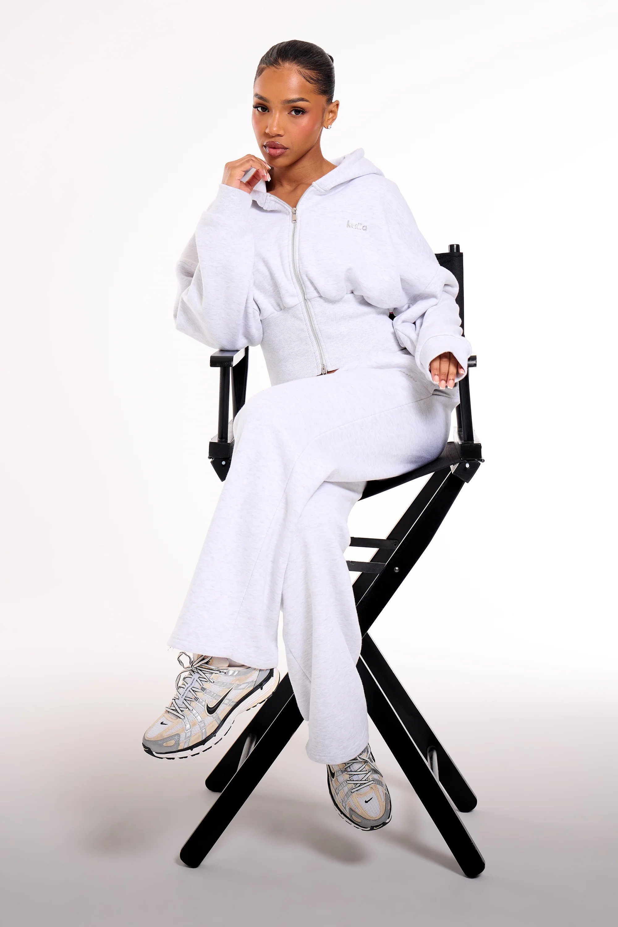 Kaiia Kaiia Chrome Logo Corset Zip Through Hoodie Light Grey Marl - 3