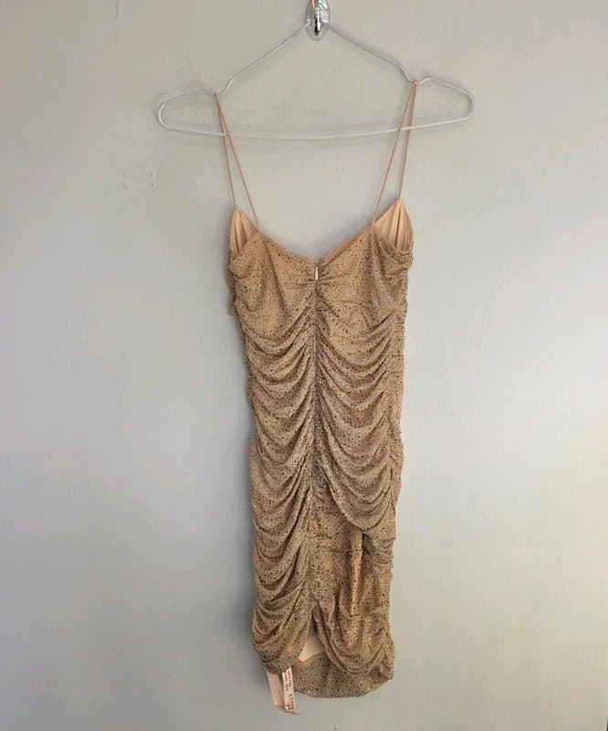 Oh Polly Oh Polly Gold Embellished Spaghetti Strapped Ruched Mini Dress Size 8