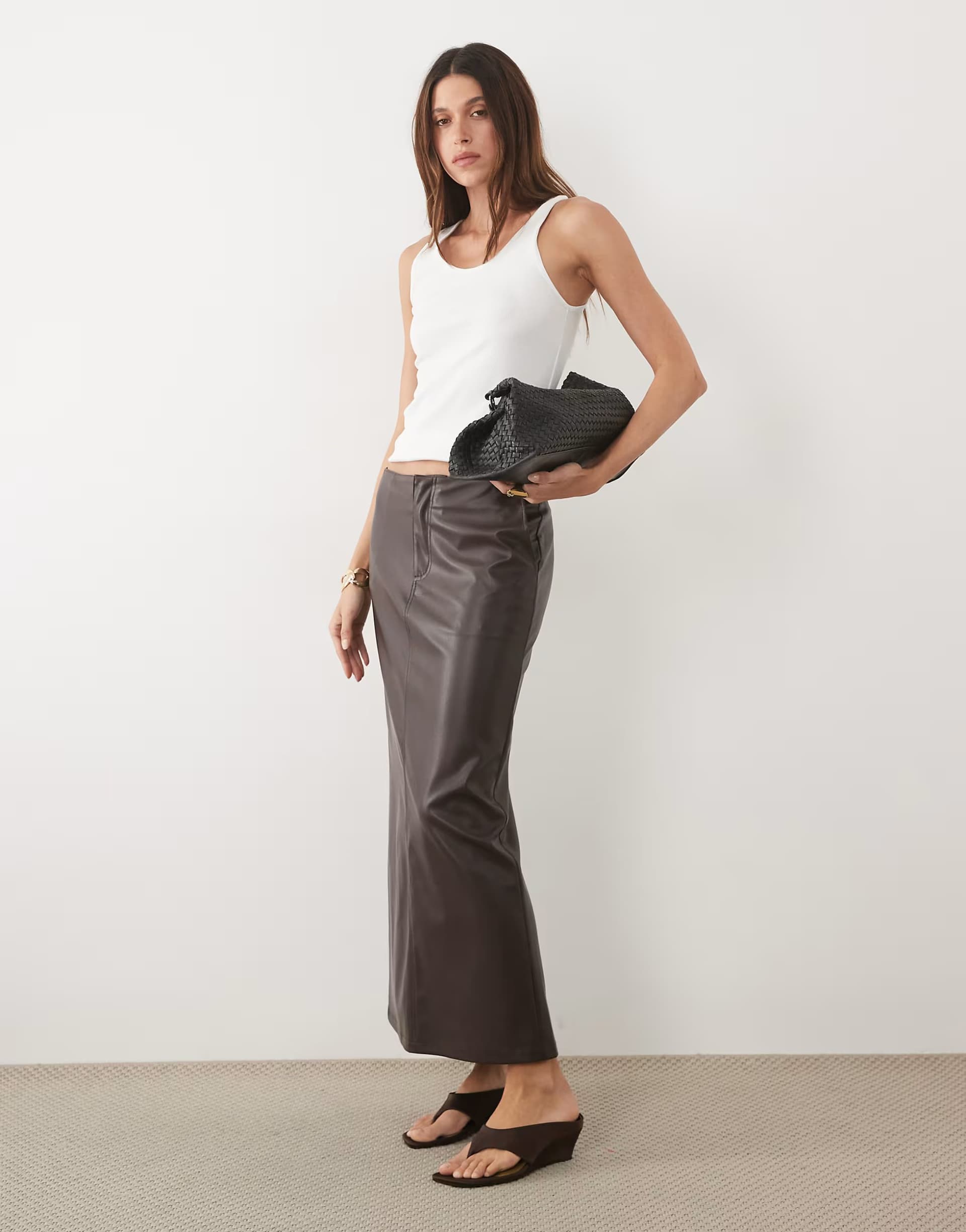 ASOS Threadbare faux leather maxi skirt in chocolate