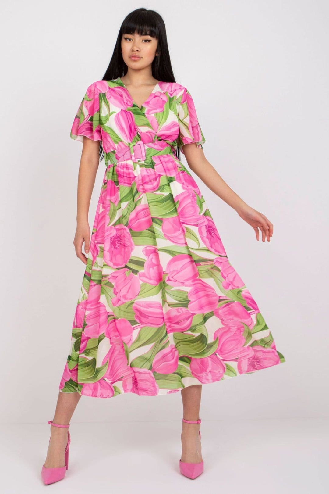 Love Lace Pink Floral Frill Sleeve Belted Dress