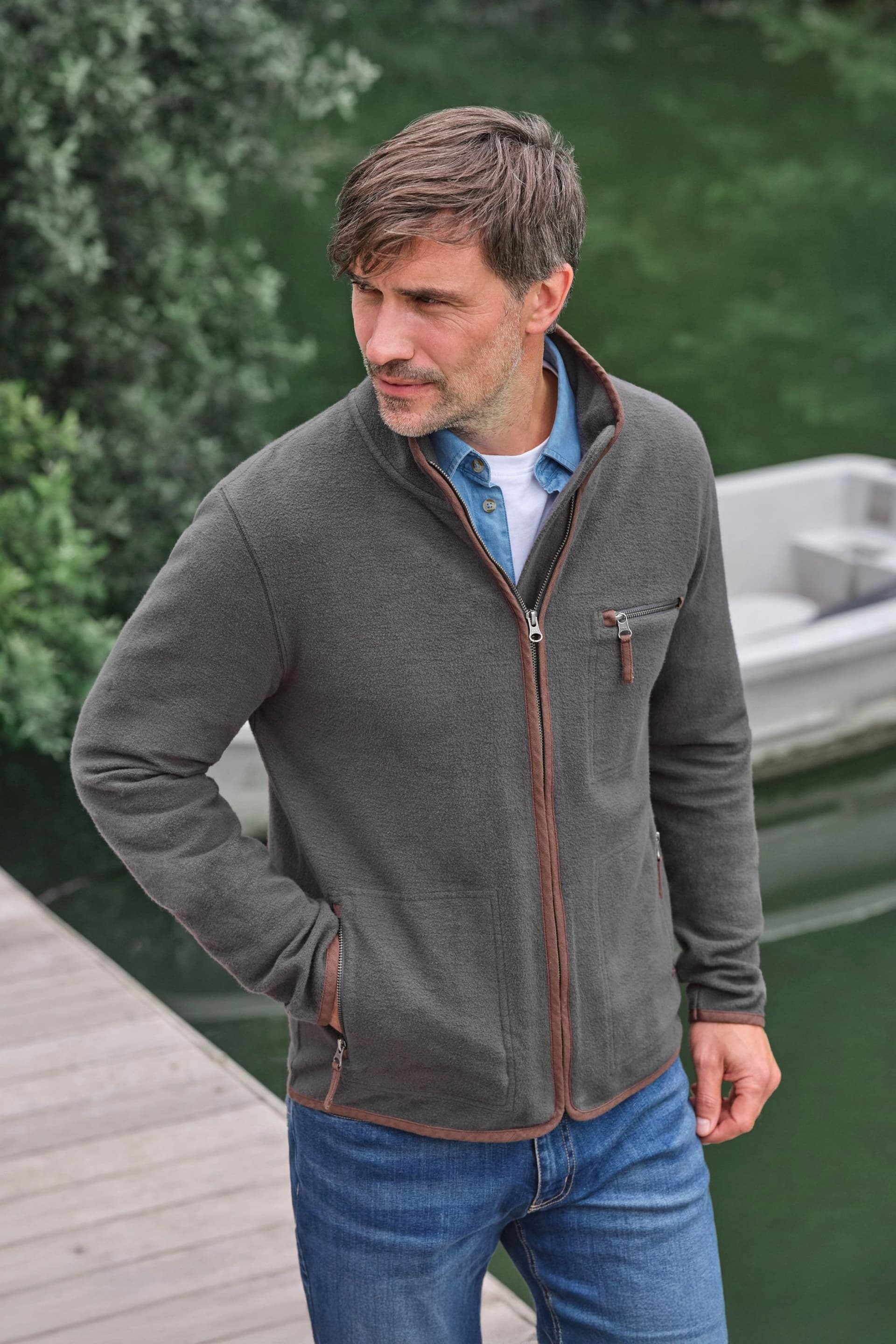WoolOvers WoolOvers Men's Cotton Full Zip Fleece in Charcoal