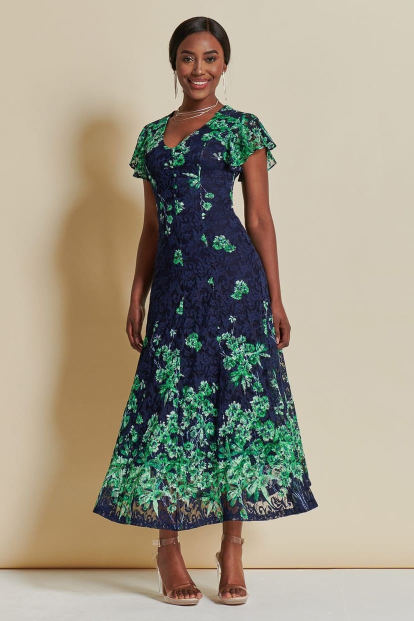 Jolie Moi Jolie Moi Women's Lace Floral Print Fit & Flare Maxi Dress in Green - 1