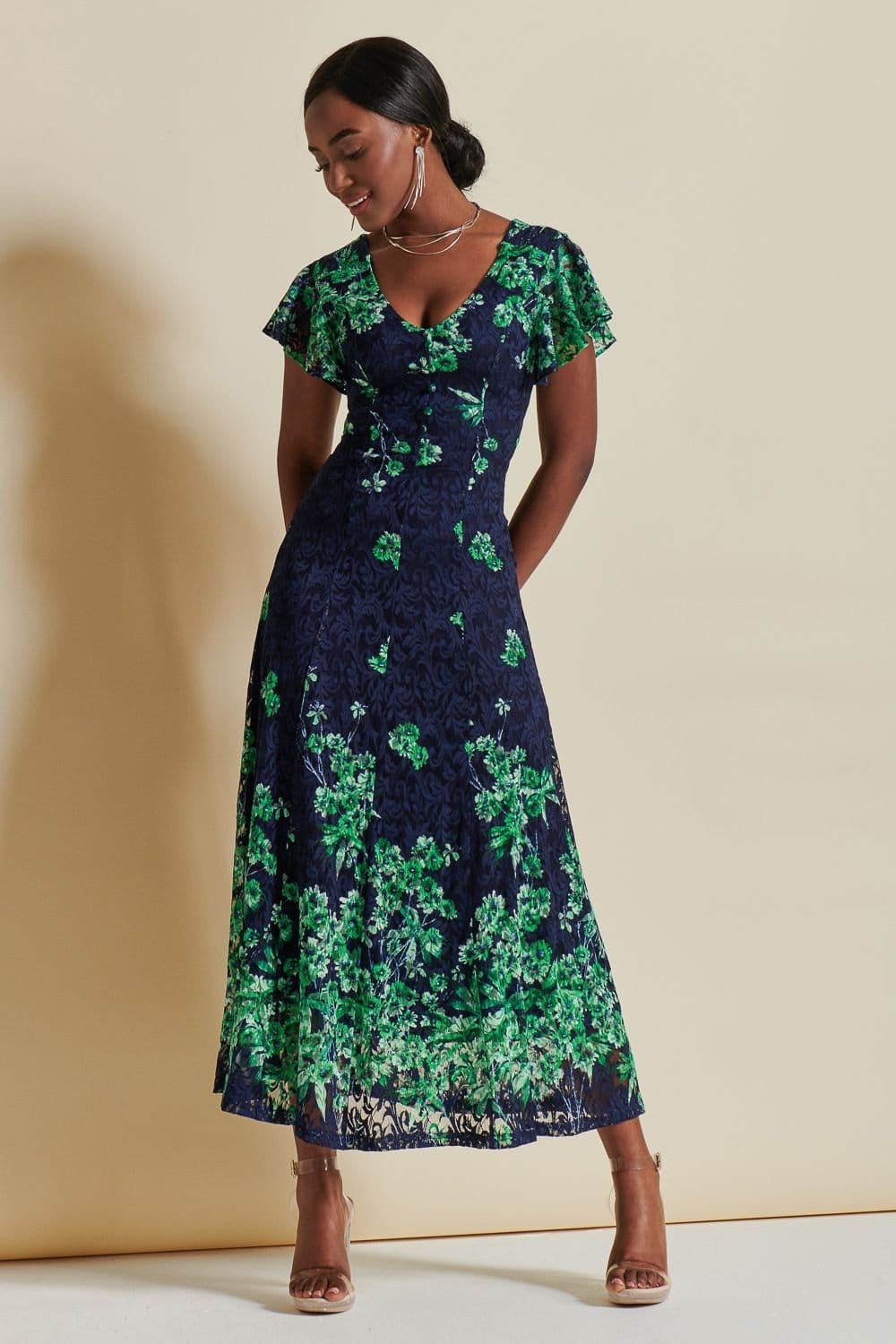 Jolie Moi Jolie Moi Women's Lace Floral Print Fit & Flare Maxi Dress in Green - 4