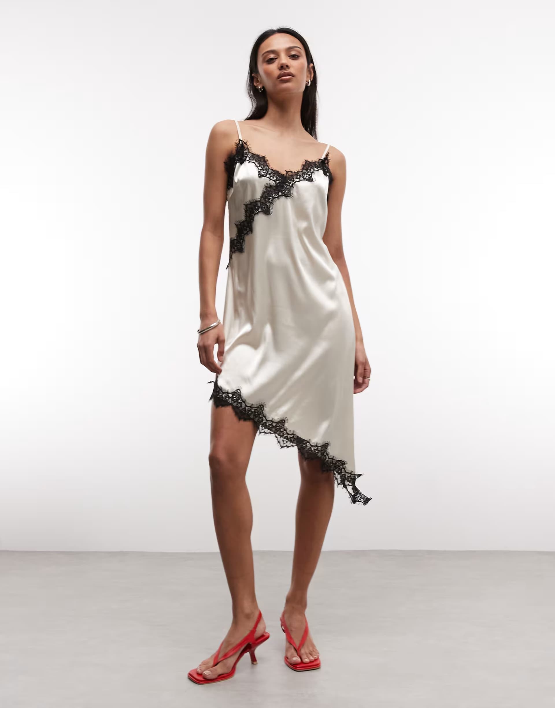 ASOS Noisy May satin asym lace hem midi slip dress in cream