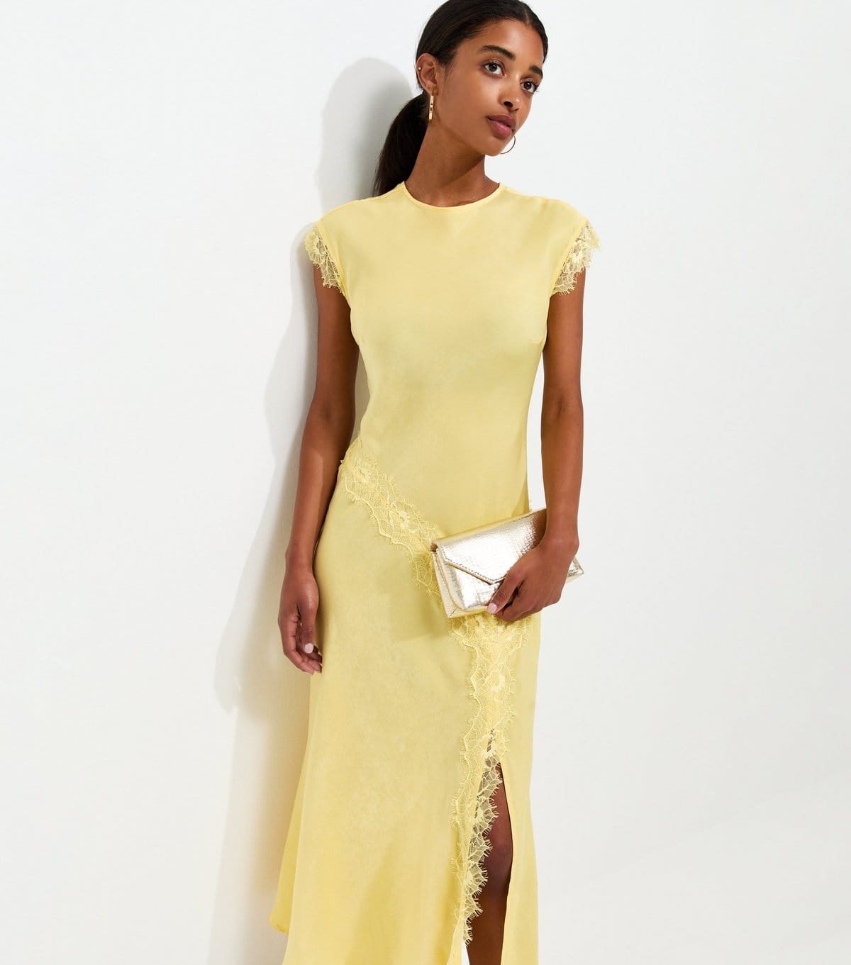 New Look Women's Light Yellow Lace Trim Bias Cut Midi Dress New Look - 1