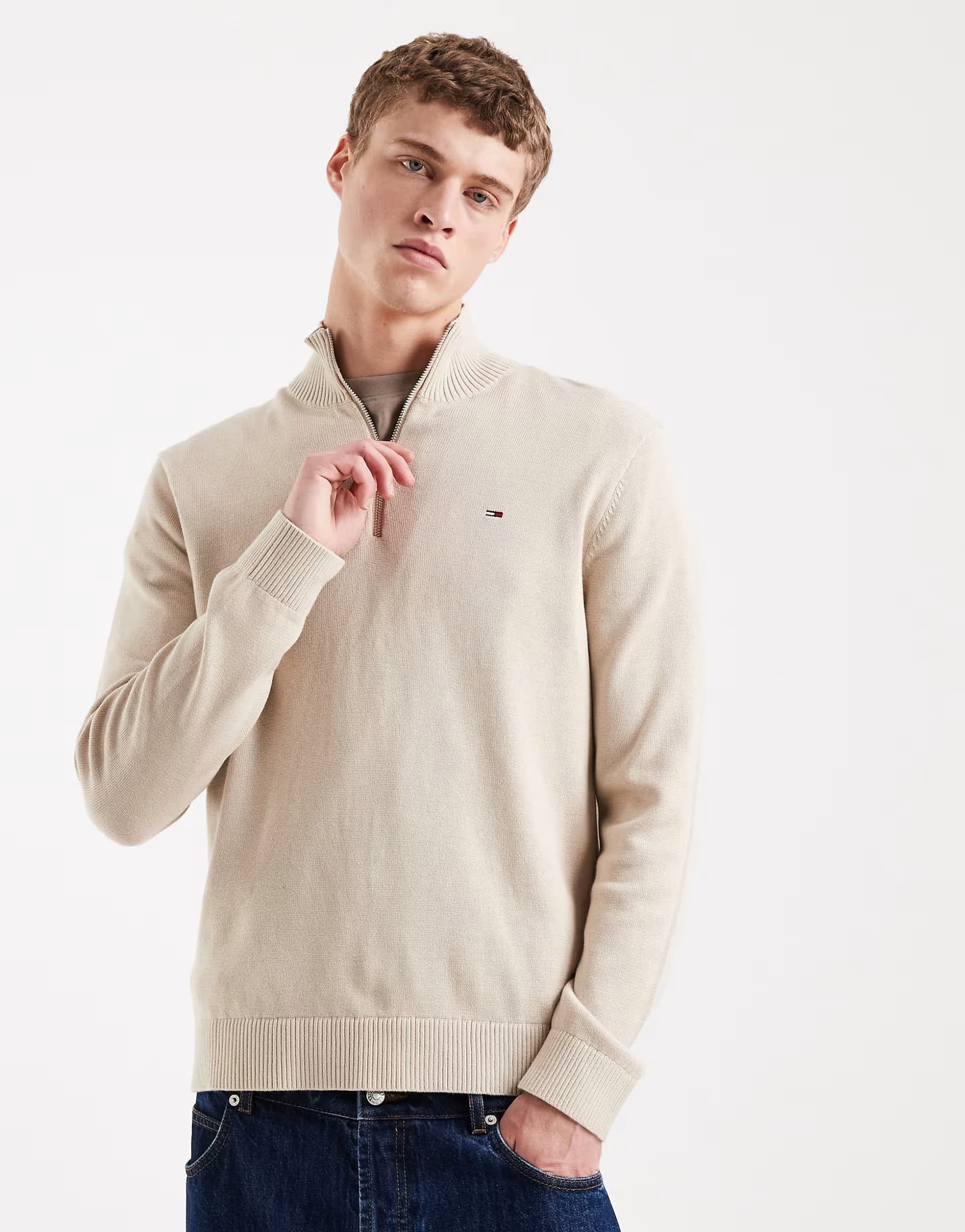 ASOS Tommy Jeans chest logo quarter zip jumper in sand