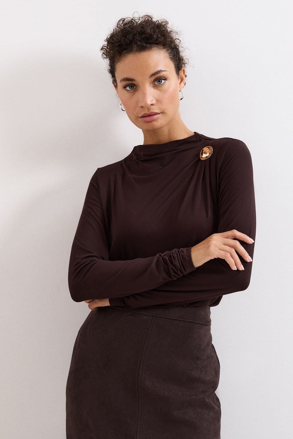 Phase Eight Phase Eight Women's Etta Hardware Detail Longsleeve Top in Dark Brown