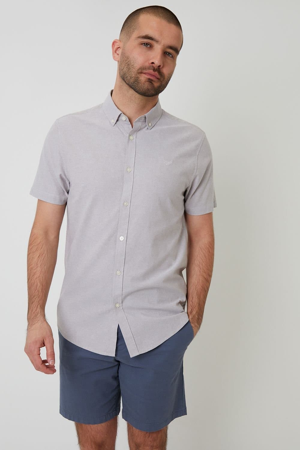 Threadbare Threadbare Men's Oxford Cotton Slim Fit Short Sleeve Shirt in Taupe