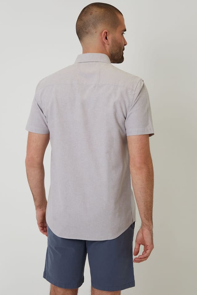 Threadbare Threadbare Men's Oxford Cotton Slim Fit Short Sleeve Shirt in Taupe - 2