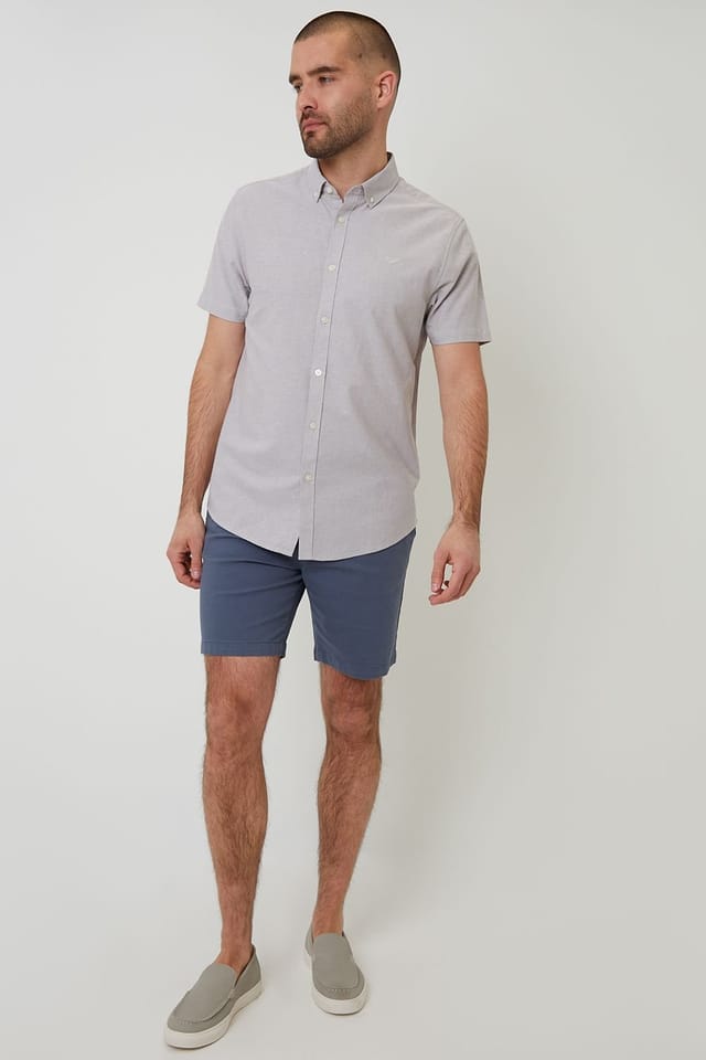 Threadbare Threadbare Men's Oxford Cotton Slim Fit Short Sleeve Shirt in Taupe - 3