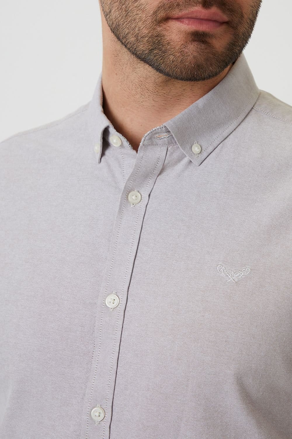 Threadbare Threadbare Men's Oxford Cotton Slim Fit Short Sleeve Shirt in Taupe - 4