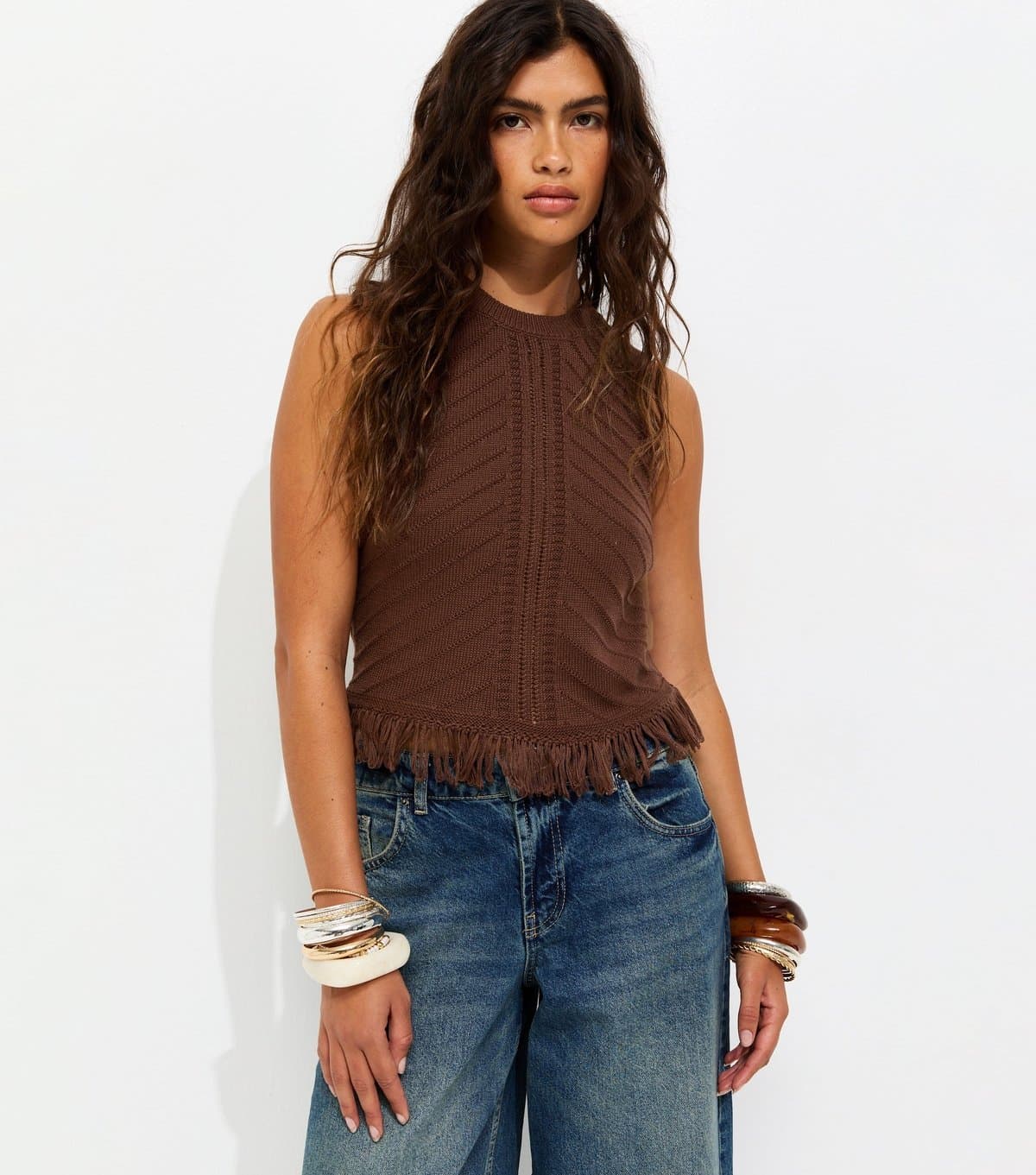 New Look Women's Dark Brown Cotton Rich Tassel Hem Knitted Vest New Look