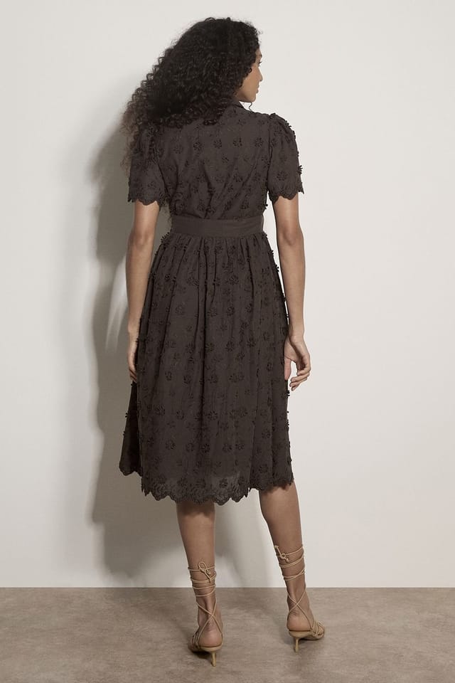 Apricot Apricot Women's Cotton Floral Embroidered Midi Dress in Brown - 3