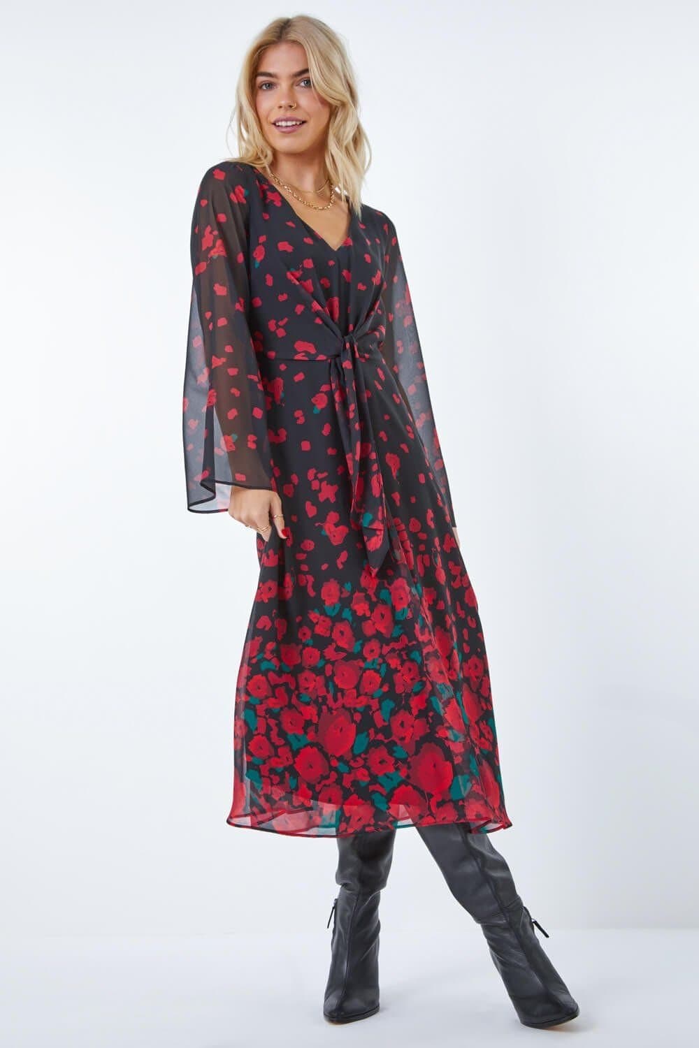 DUSK Dusk Women's Rose Print Chiffon Midi Dress in Red