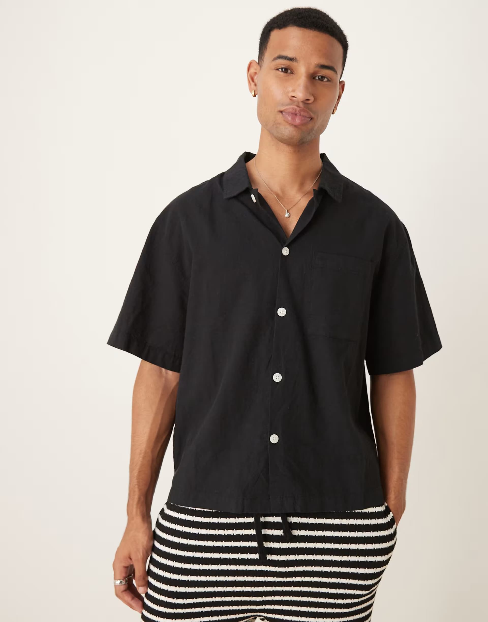 ASOS Cotton On Eli linen blend short sleeve shirt in textured black