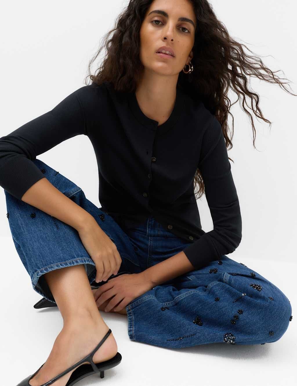 Marks & Spencer M&S Faux Fur Collar Button Front Cardigan Midnight Navy