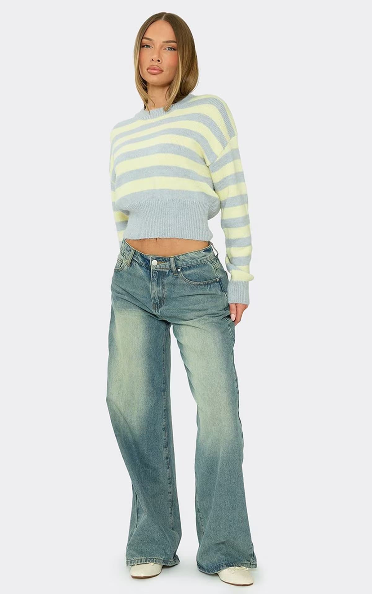 EGO Long Sleeve Crew Neck Jumper In Lemon And Grey Striped Knit, Women's Size UK S