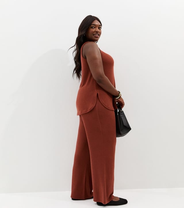 New Look Women's Plus Size Dark Red Textured Wide Leg Trousers Curves New Look - 3