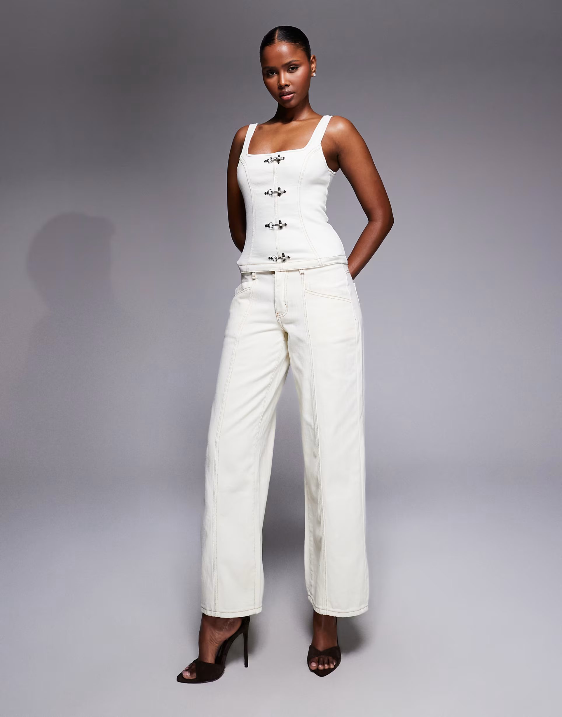 ASOS Liquor N Poker denim corset co-ord with buckle detail in ecru - BEIGE - 1