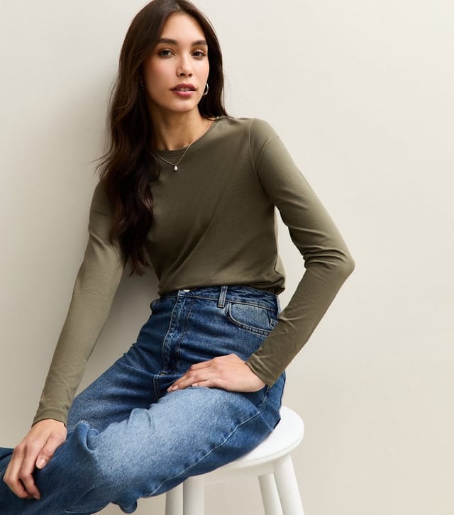 New Look Women's Dark Khaki Long Sleeve Crew Neck Top New Look - 2