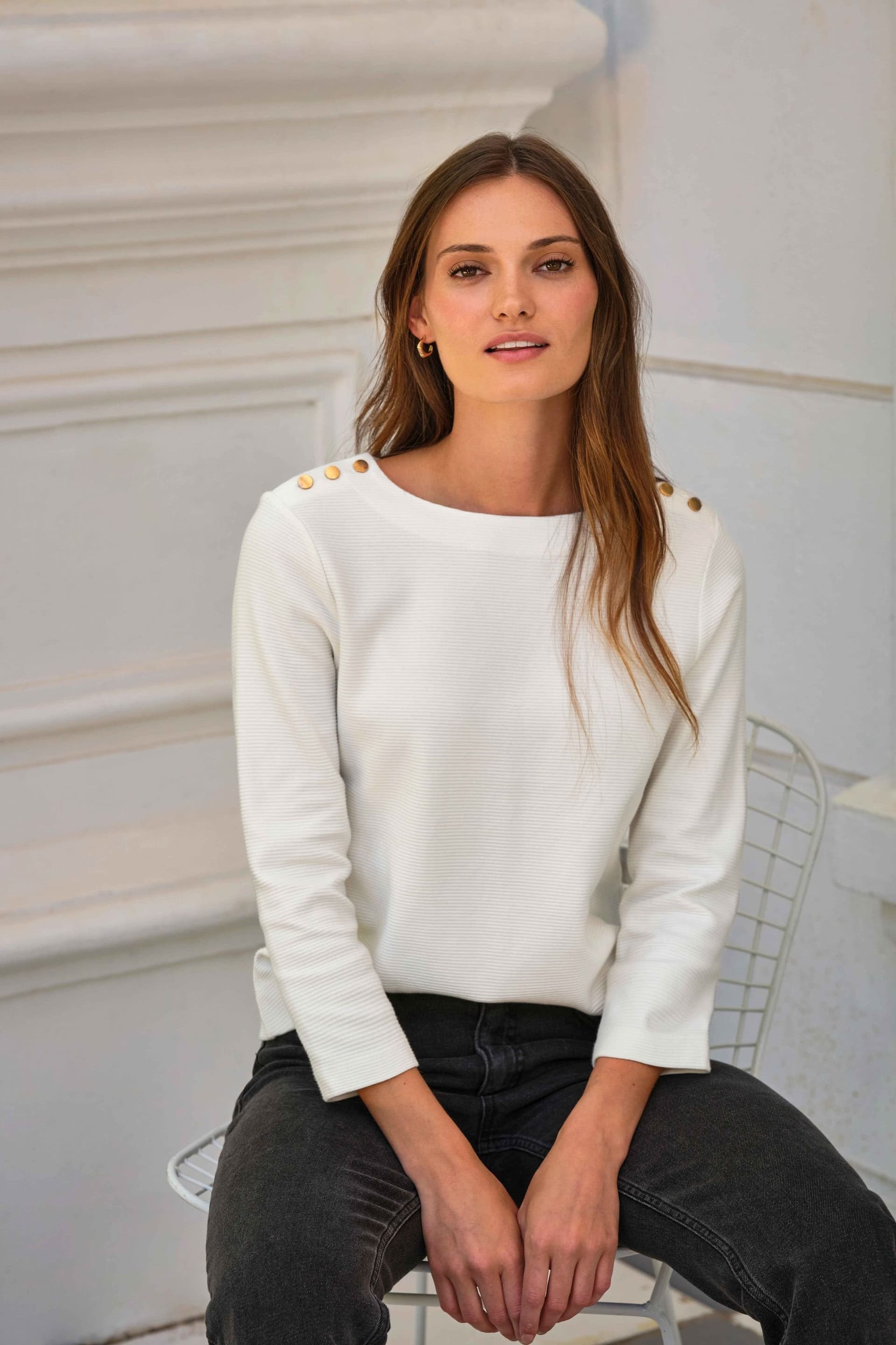 Pure Collection Pure Collection Women's Button Shoulder Ottoman Top in Off-White