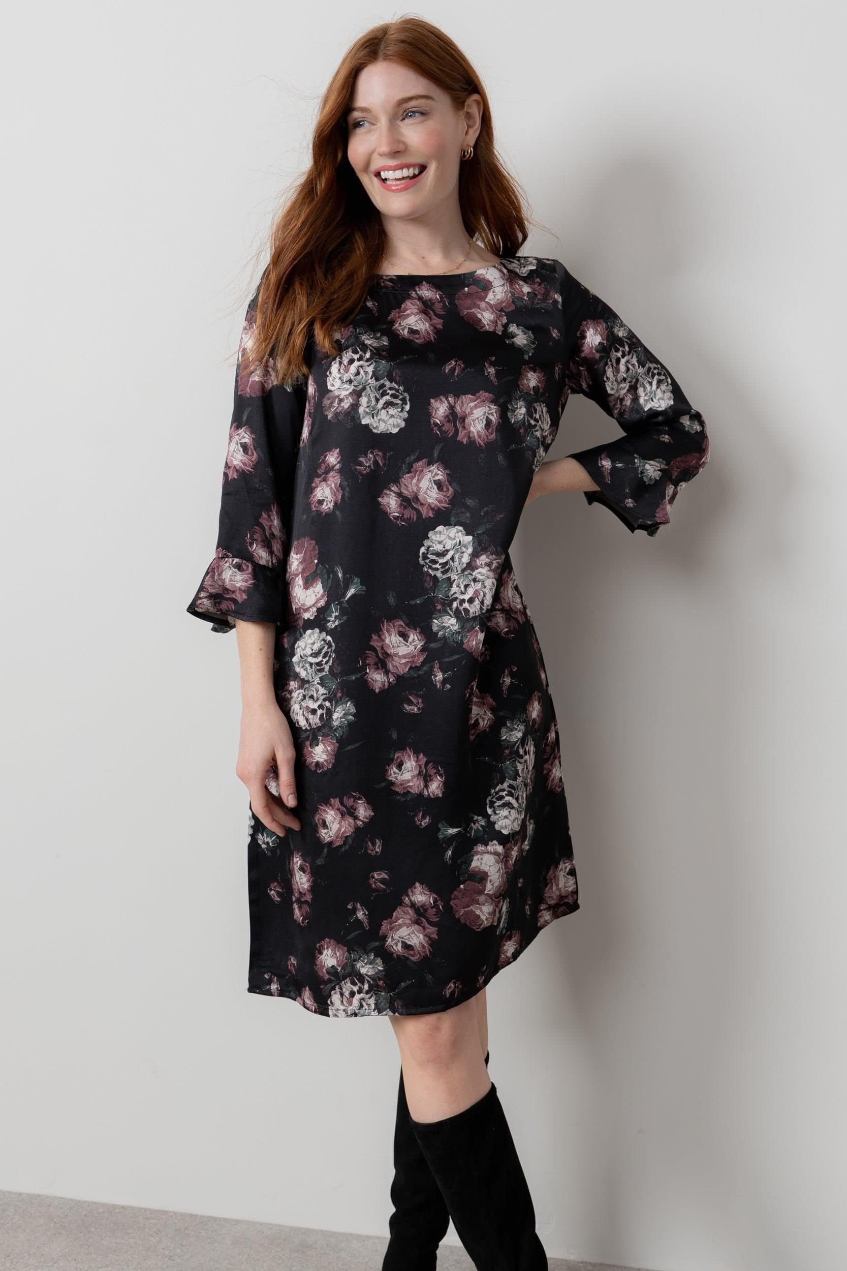 Lily & Me Lily & Me Women's Lotty Fluted Sleeve Woven Viscose Satin Shift Dress in Black