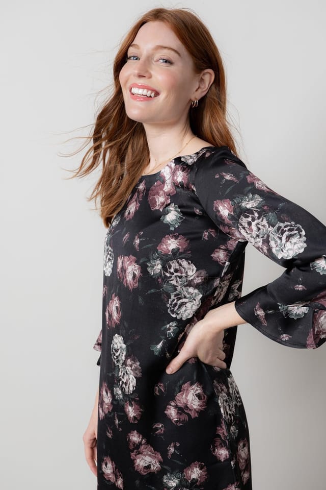 Lily & Me Lily & Me Women's Lotty Fluted Sleeve Woven Viscose Satin Shift Dress in Black - 2