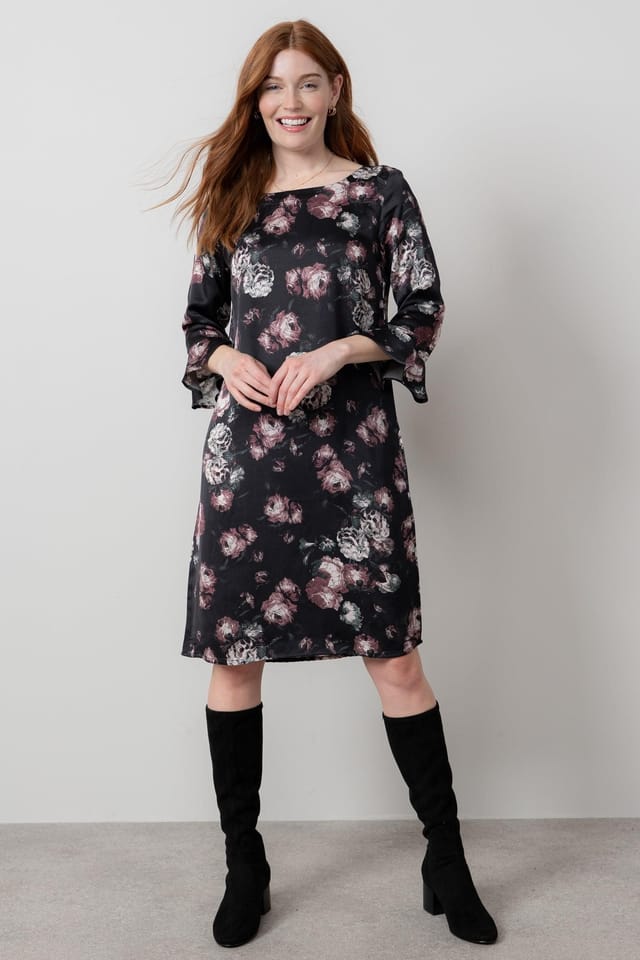Lily & Me Lily & Me Women's Lotty Fluted Sleeve Woven Viscose Satin Shift Dress in Black - 3