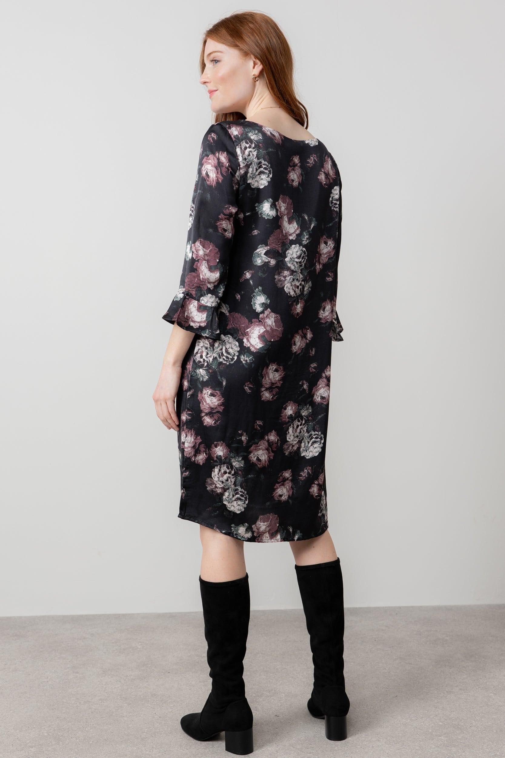Lily & Me Lily & Me Women's Lotty Fluted Sleeve Woven Viscose Satin Shift Dress in Black - 4