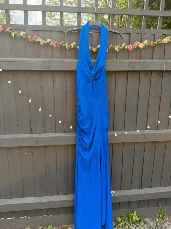 Boutique Royal Blue Sparkly Halterneck Maxi Dress | Size Small (UK 8–10) | Backless Ruched Design | Boutique
