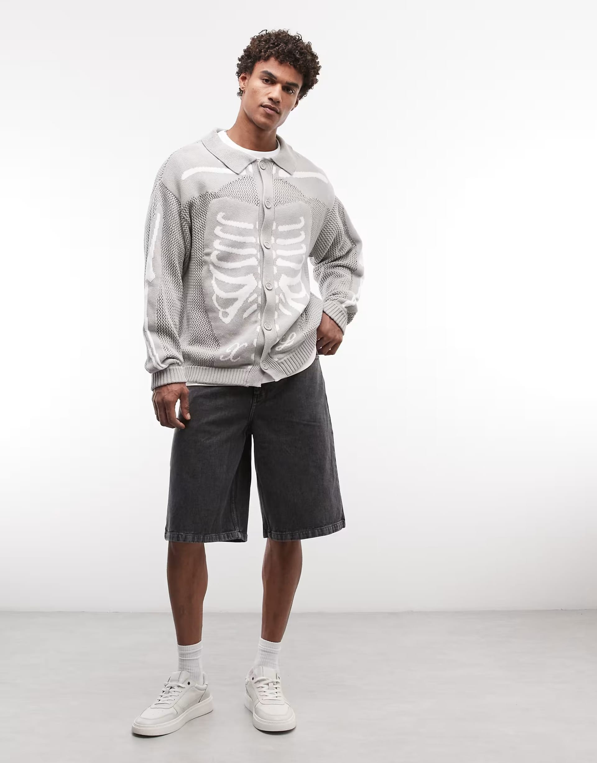 XLARGE Grey Skeletal Print Button-Up Cardigan
