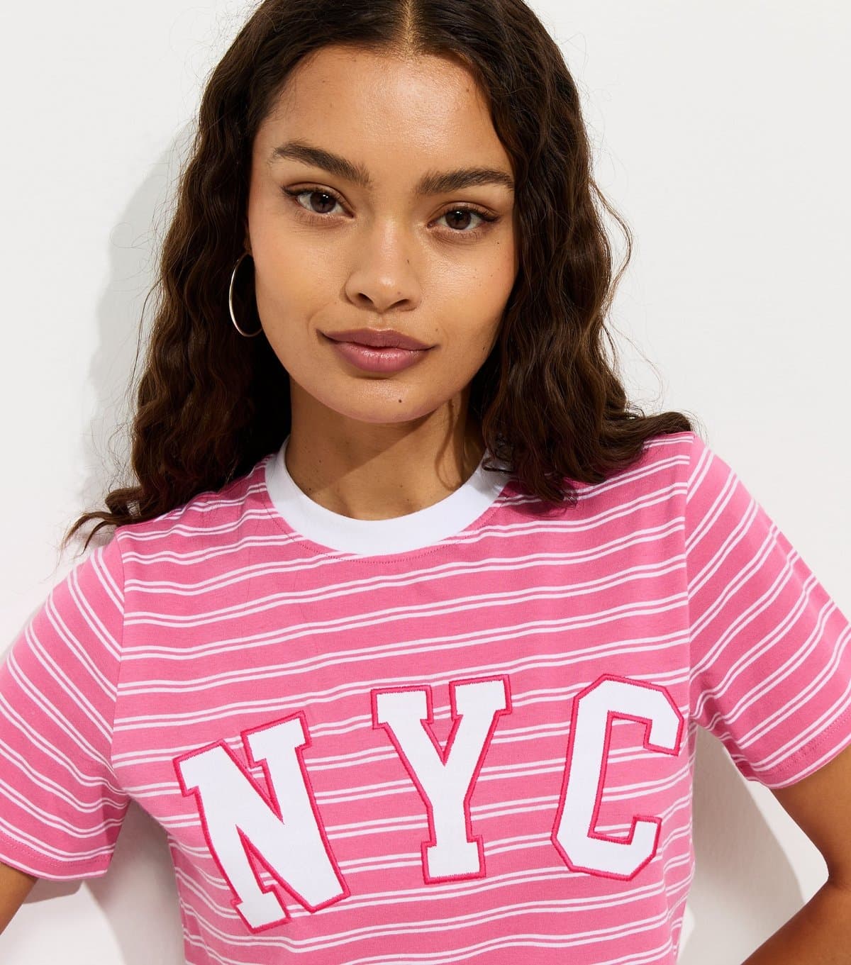 New Look Women's Petite Pink Cotton Striped NYC Relaxed T-Shirt New Look