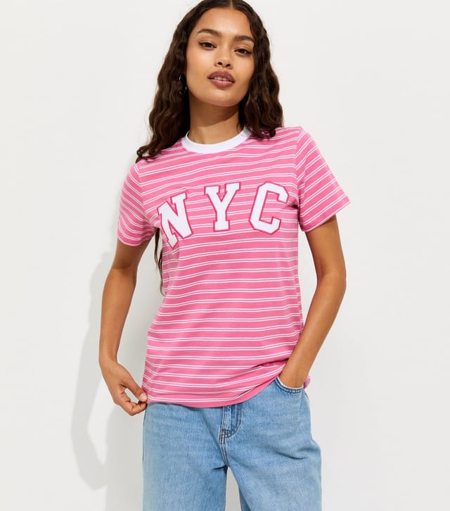 New Look Women's Petite Pink Cotton Striped NYC Relaxed T-Shirt New Look - 2