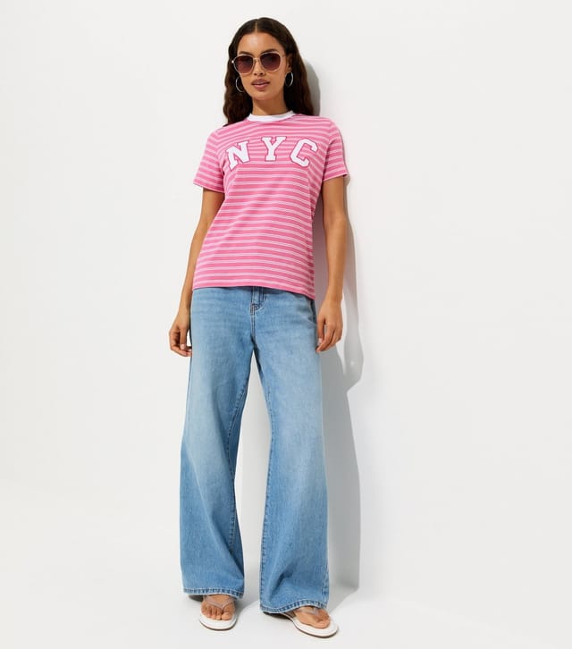 New Look Women's Petite Pink Cotton Striped NYC Relaxed T-Shirt New Look - 3