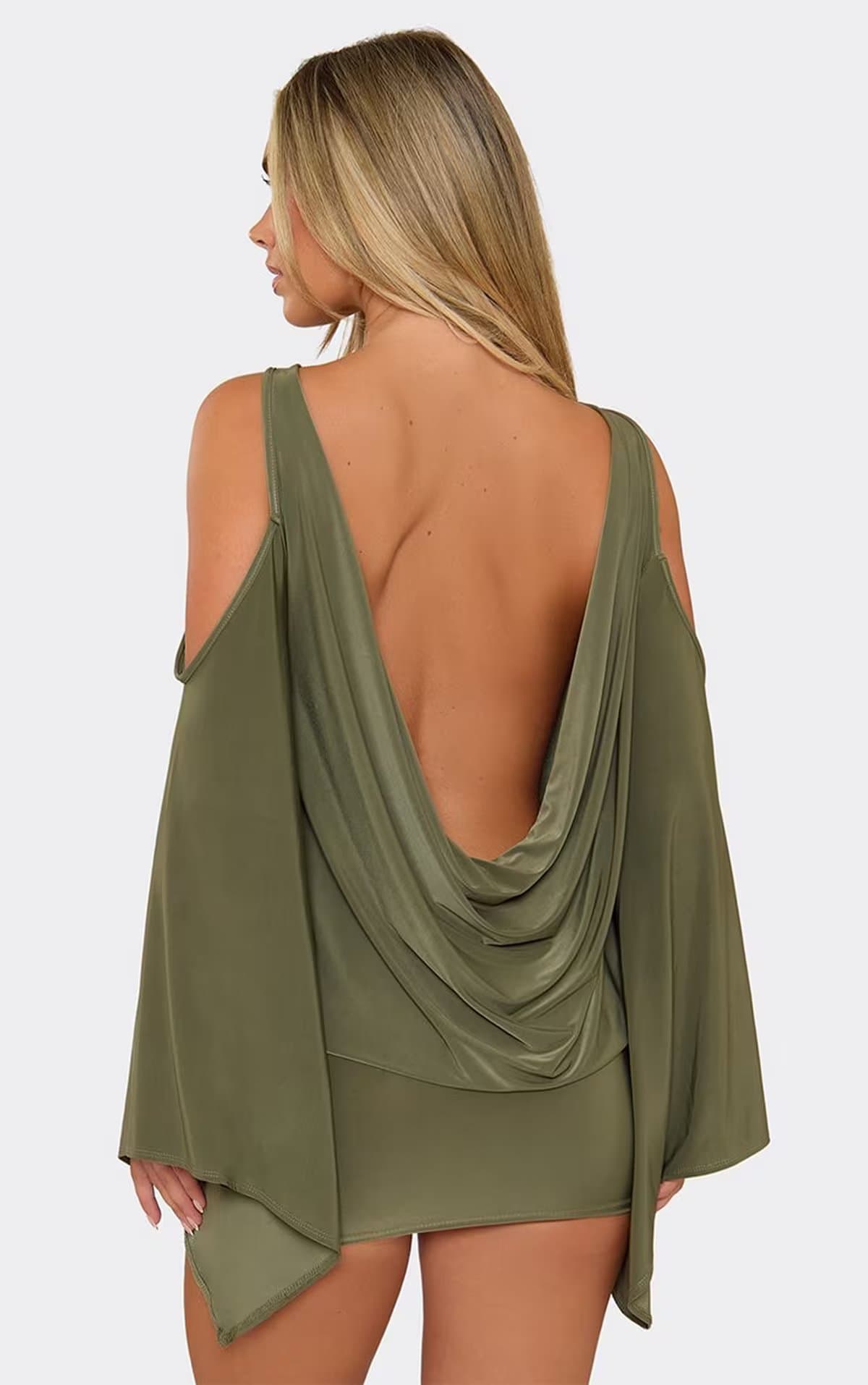 EGO Long Cut Out Shoulder Flared Sleeve Cowl Back Blouson Mini Dress In Khaki, Women's Size UK 6