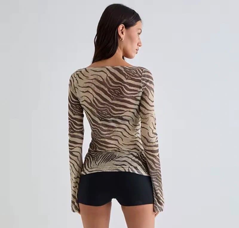 Spring long sleeve mesh zebra print top