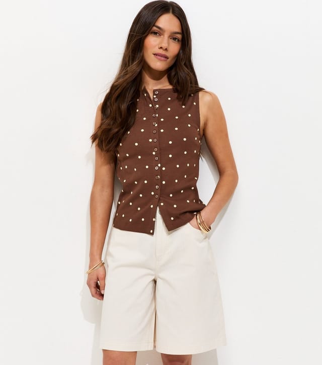 New Look Women's Petite Brown Spot Print Button Through Top New Look - 2