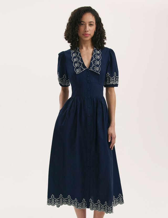Finery London Finery London Women's Arianna Embroidered Cotton Midi Dress in Dark Navy - 2