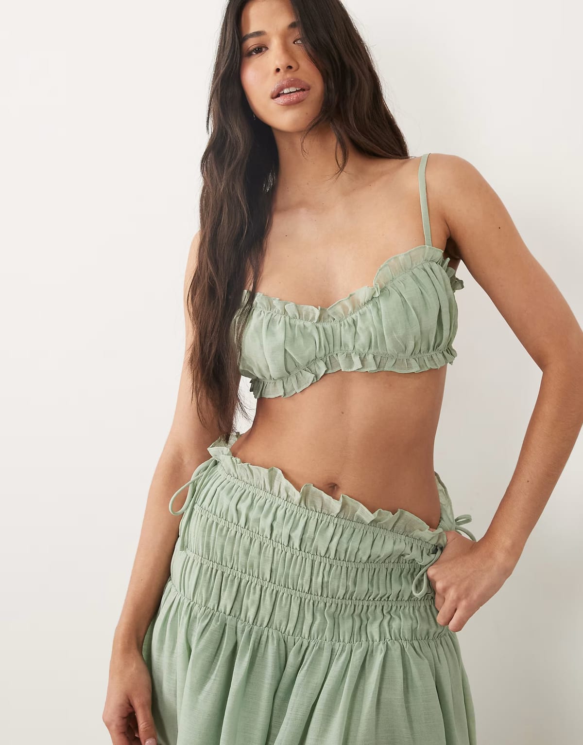ASOS Wanderdoll Soulie linen look ruched tie back bralette crop top co-ord in sage - 1