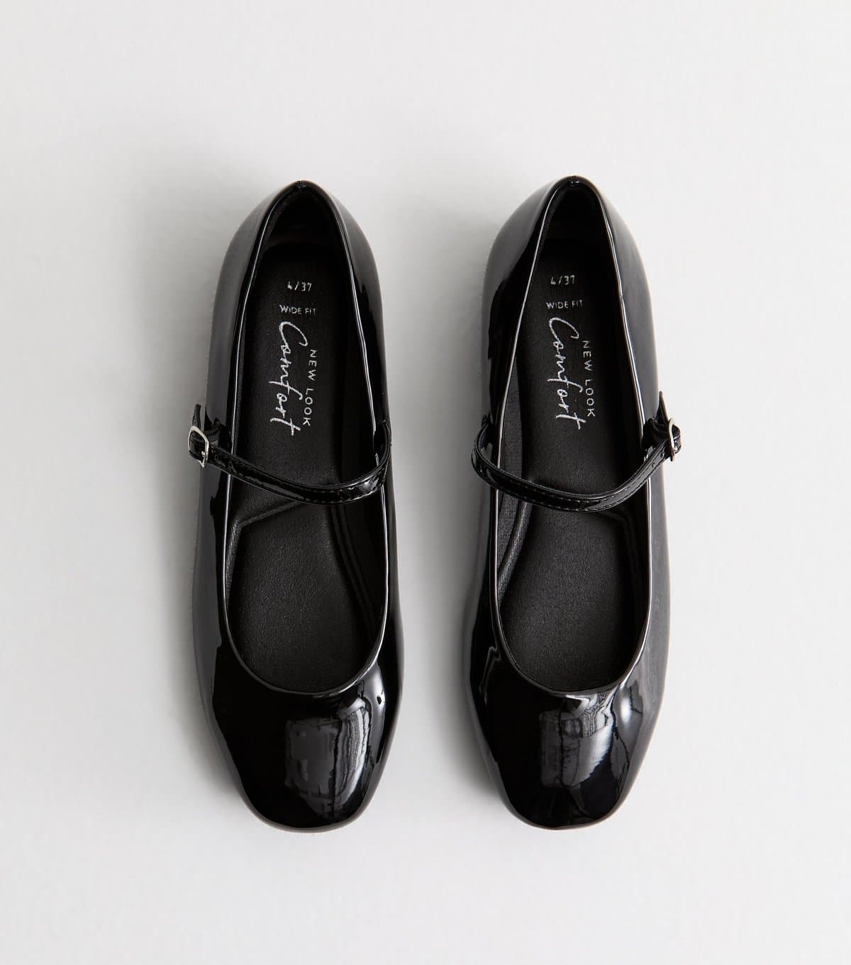 New Look Women's Wide Fit Black Patent Mary Jane Strappy Ballerina Pumps New Look