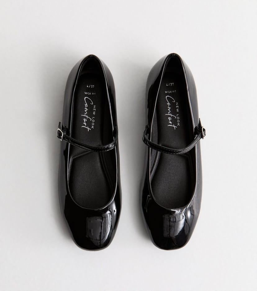 New Look Women's Wide Fit Black Patent Mary Jane Strappy Ballerina Pumps New Look - 1