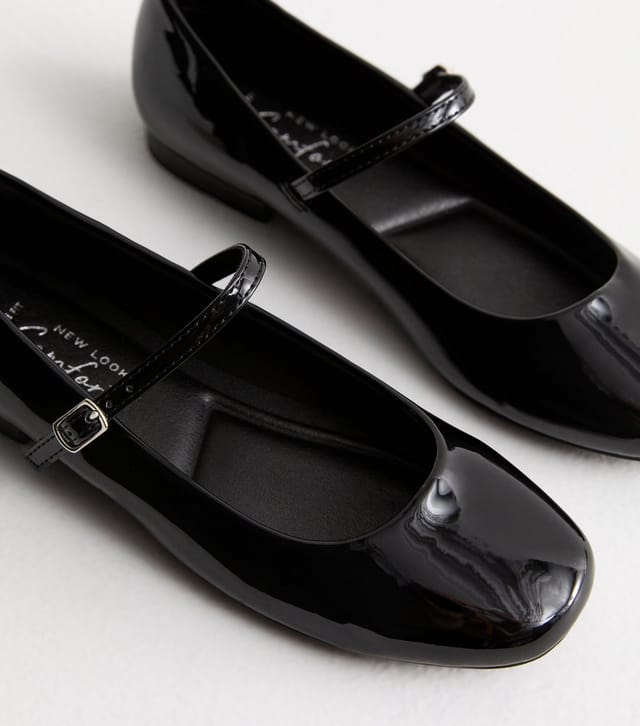 New Look Women's Wide Fit Black Patent Mary Jane Strappy Ballerina Pumps New Look - 3