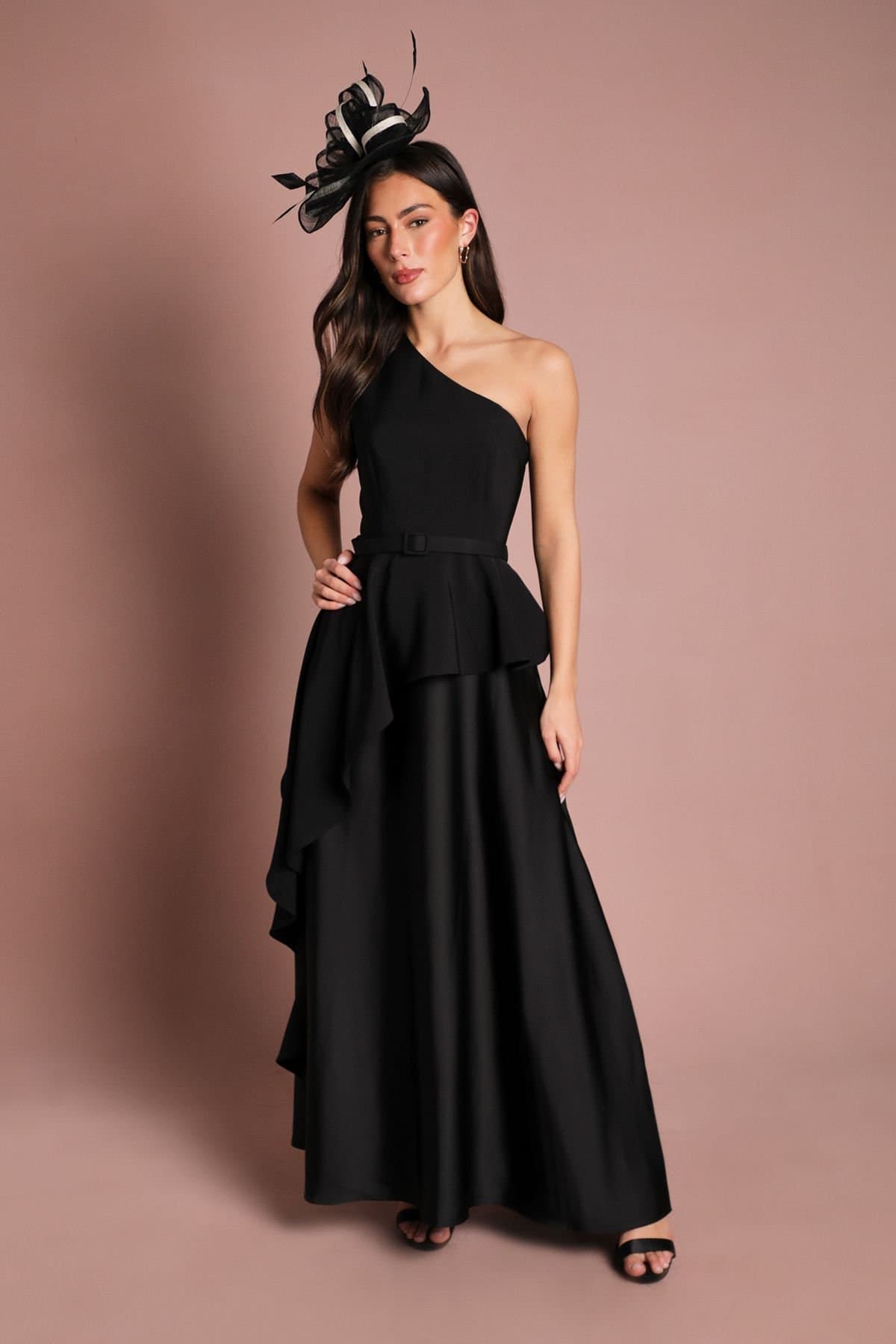 Coast Coast Women's One Shoulder Ruffle Detail Satin Maxi Dress in Black