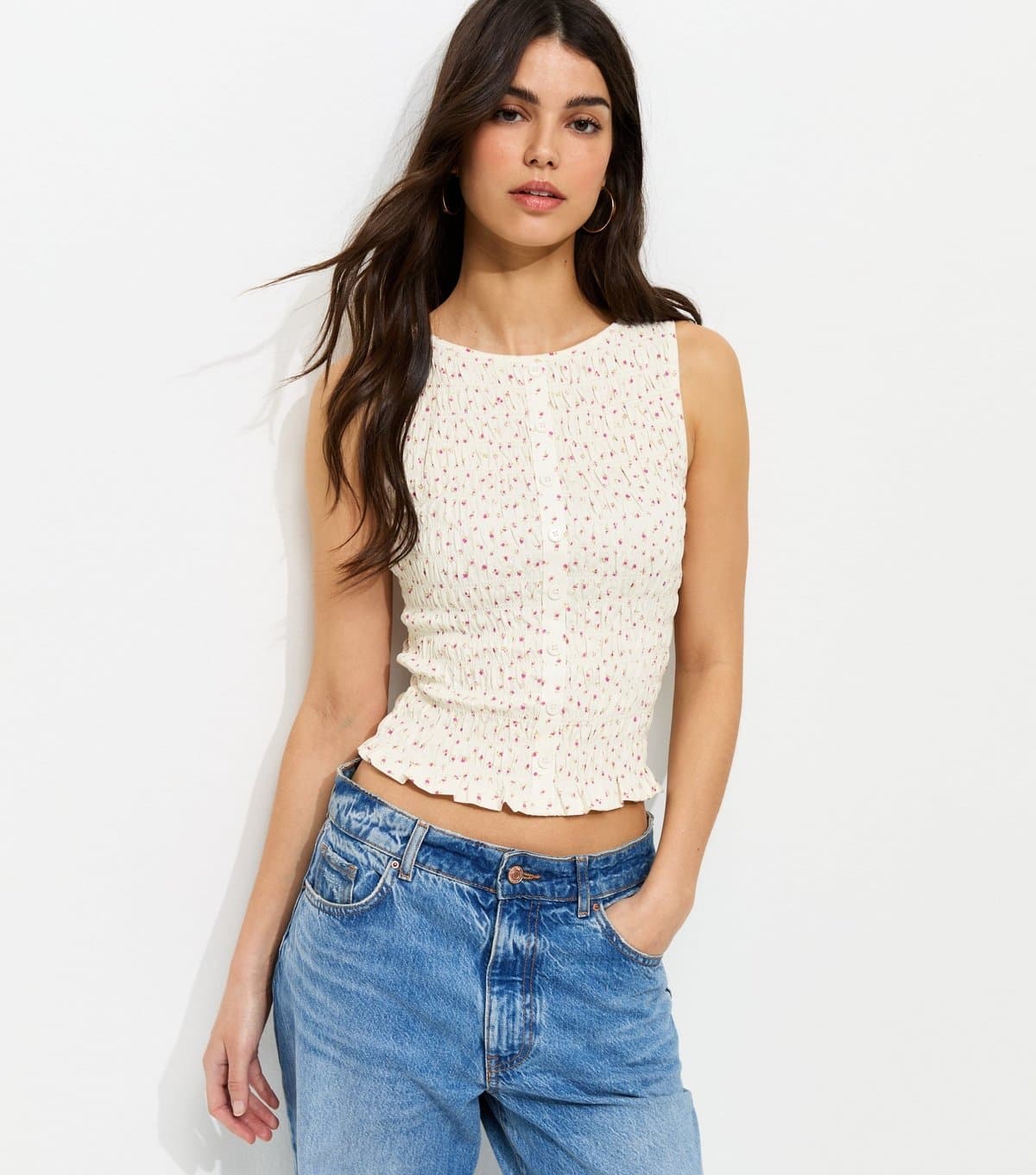 New Look Women's Cream Floral Shirred Button Through Top New Look