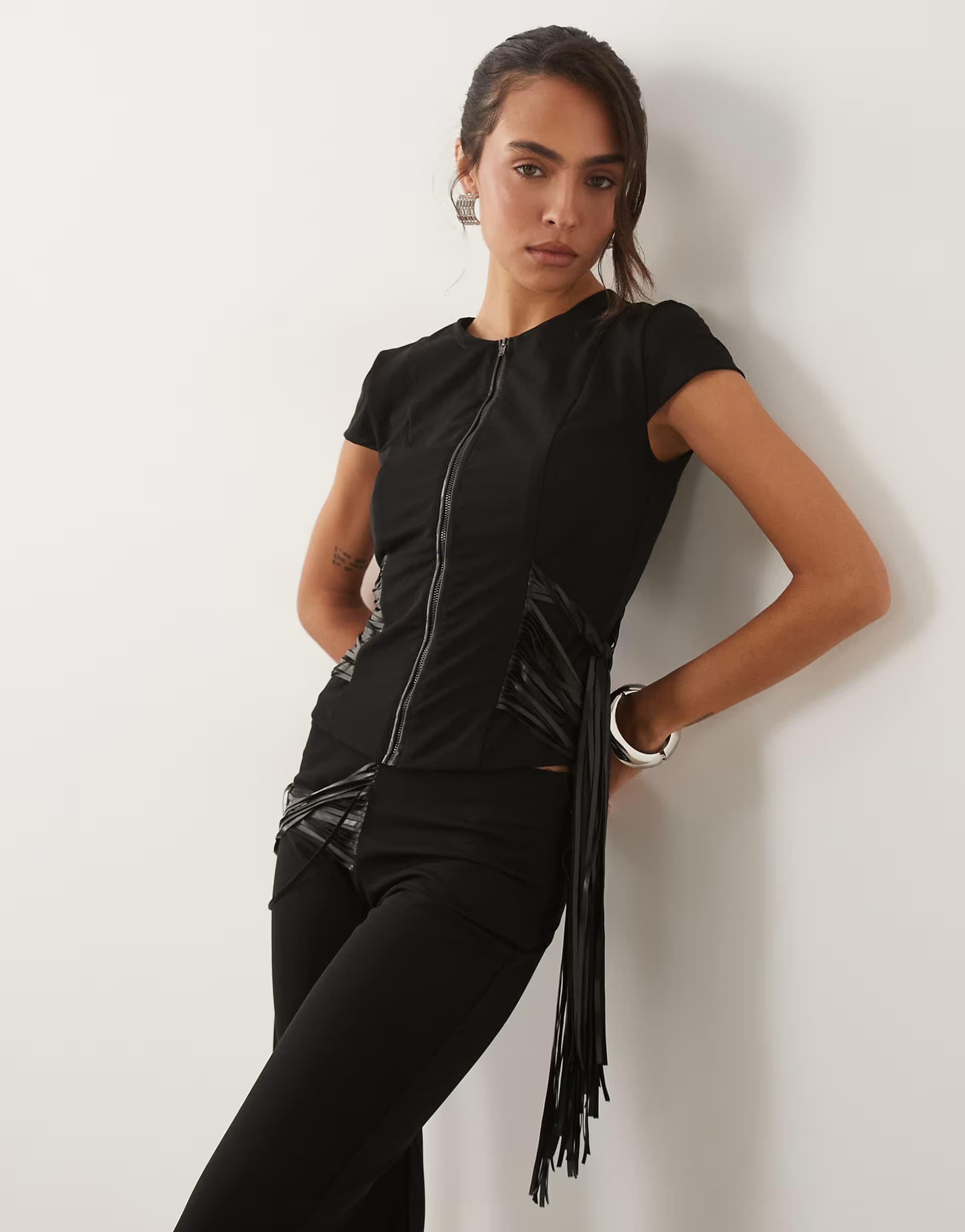 ASOS I.AM.GIA Iselda sculpting mesh faux leather fringe detail zip through crop top co-ord in black