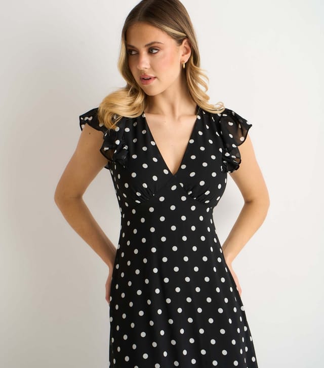 Gini London Women's Black Polka Dot V-Neck Skater Midi Dress Gini London New Look - 2