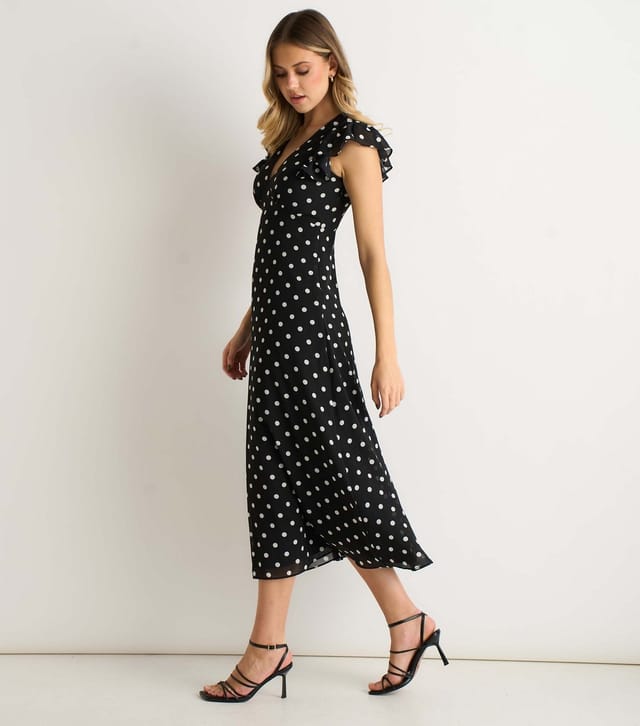 Gini London Women's Black Polka Dot V-Neck Skater Midi Dress Gini London New Look - 3