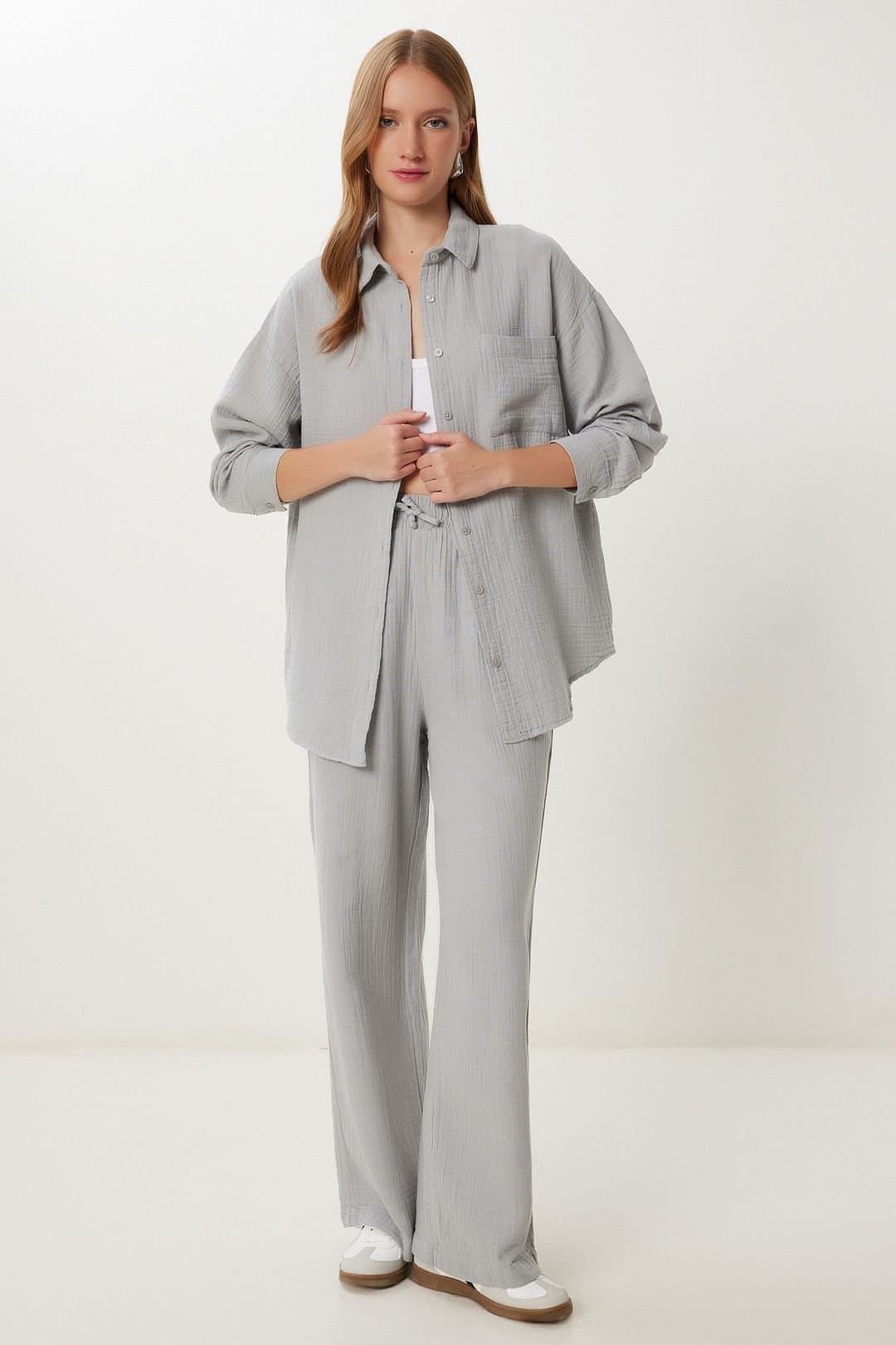 Happiness Istanbul Happiness Istanbul Women's High Waist Wide Leg Two-Piece Co-ord Set with Shirt Collar in Grey