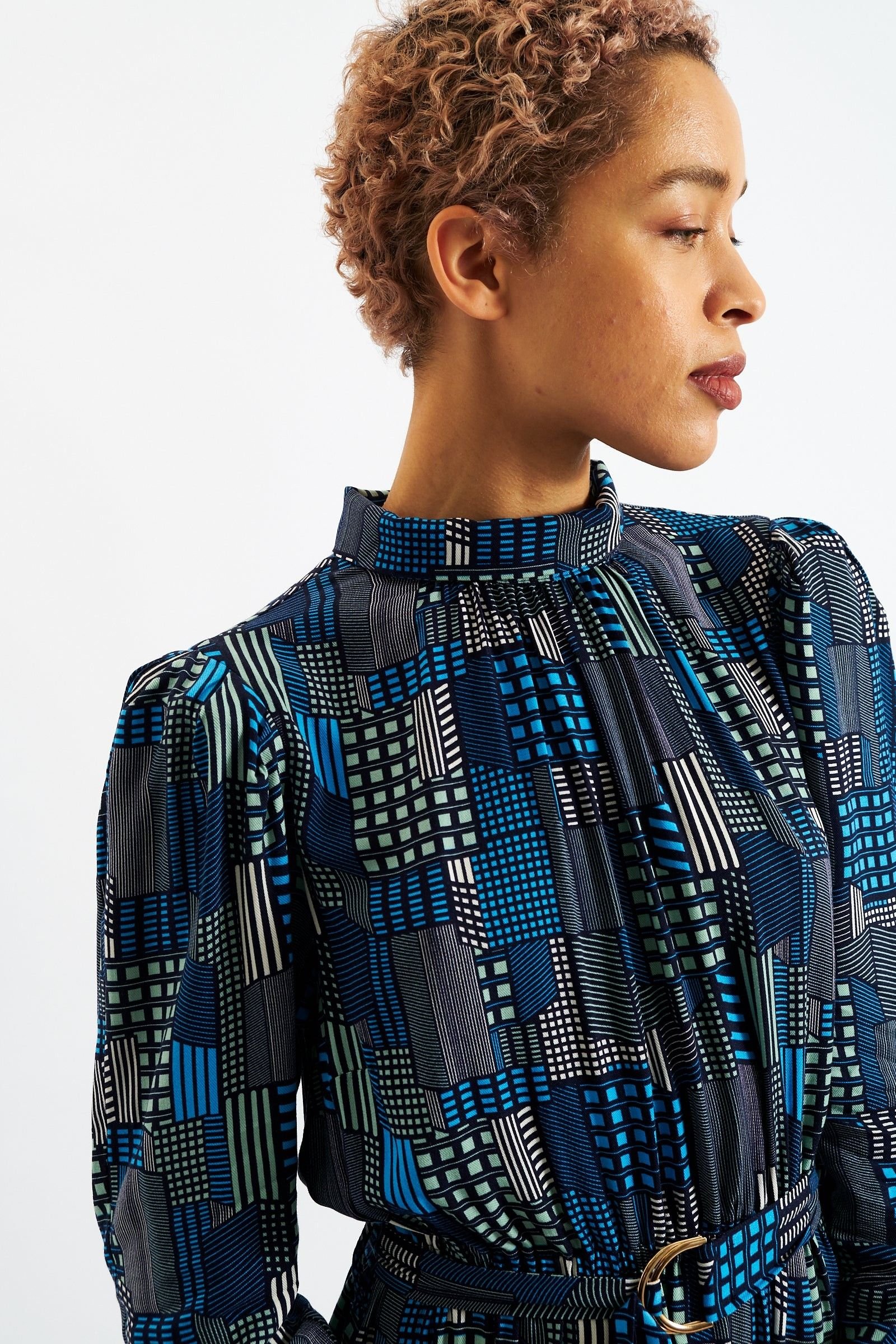 Louche Louche Women's Ygritte Geo City Print Long Sleeve Midi Dress in Blue - 4